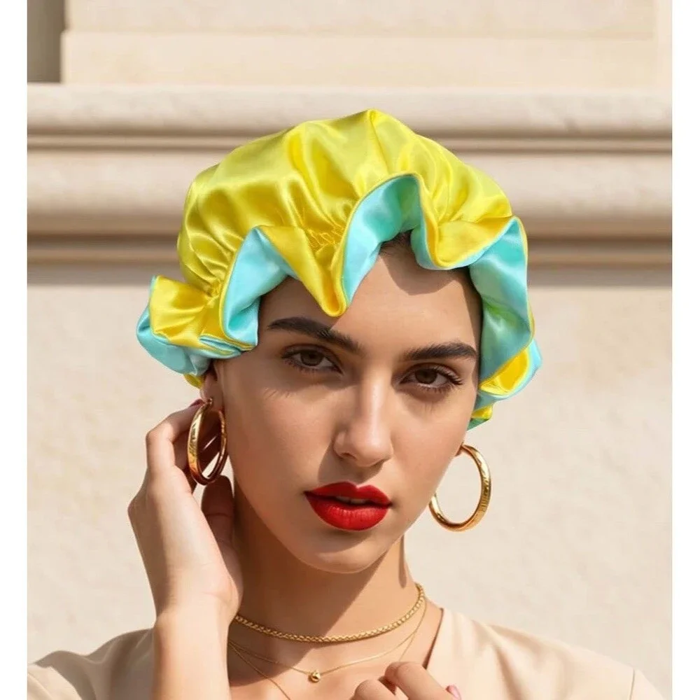Reversible Satin Sleep Bonnet – Blue & Yellow– Extra Large, Elastic Fit